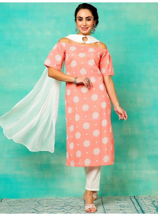 AKS Peach & White Printed Kurta & Pant With Dupatta Set  - Image 5
