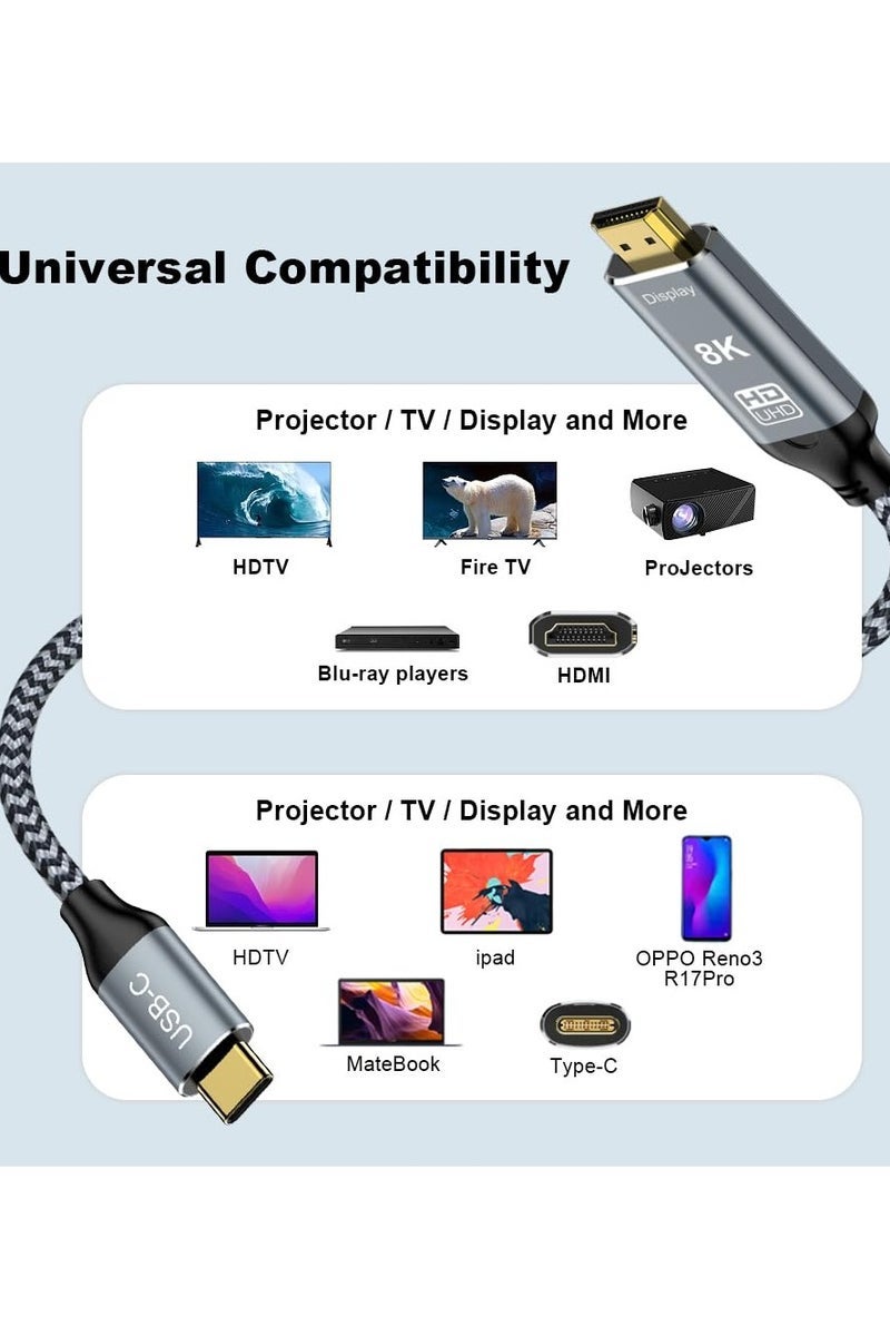 TIGER 8K USB C to HDMI Cable 48Gbps USB Type-C to HDMI Braided Cord 2M (8K@60Hz,4K@120Hz) Compatible with Thunderbolt 4/3,iPhone 16/15 Series,Macbook Pro/Air,iPad Pro/Air/11th/10th Gen,Dell XPS 17 Gaming PC-Monitors. - Image 3