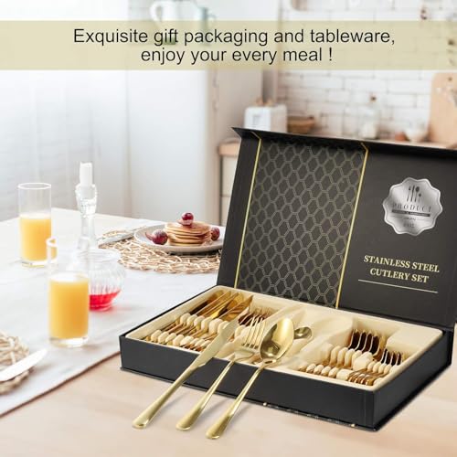 Iktu 24-Piece Stainless Steel Cutlery Set, Mirror Polished Tableware, Dishwasher Safe, Suitable for Housewarming Gift, Dining Table Decor (Golden) - Image 2