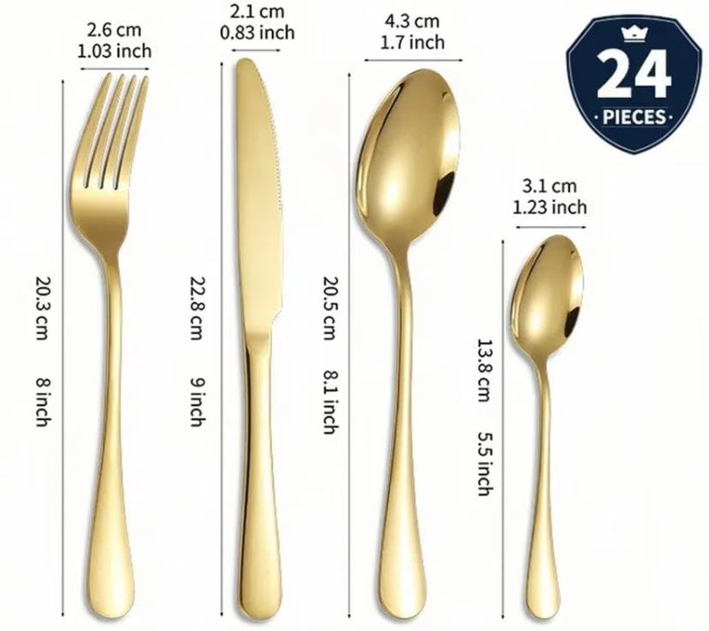 Iktu 24-Piece Stainless Steel Cutlery Set, Mirror Polished Tableware, Dishwasher Safe, Suitable for Housewarming Gift, Dining Table Decor (Golden) - Image 3