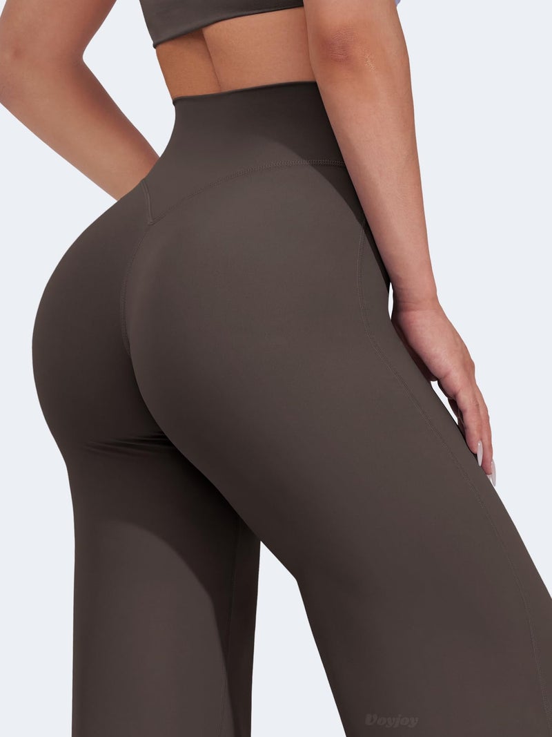 VOYJOY Straight Leggings Bottoms Wide Leg Pants for Women 29"/ 31.5"/33"/35" High Waist Stretch Casual Sweatpants Dark Brown - Image 3