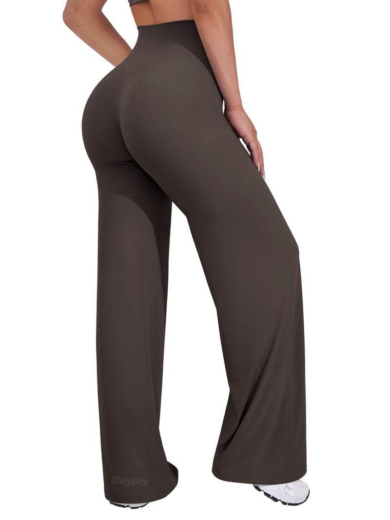 VOYJOY Straight Leggings Bottoms Wide Leg Pants for Women 29"/ 31.5"/33"/35" High Waist Stretch Casual Sweatpants Dark Brown - Image 1