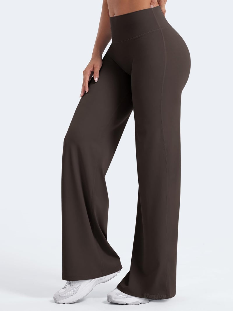 VOYJOY Straight Leggings Bottoms Wide Leg Pants for Women 29"/ 31.5"/33"/35" High Waist Stretch Casual Sweatpants Dark Brown - Image 4