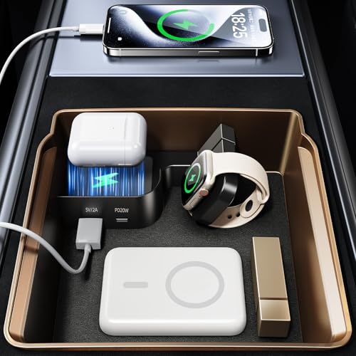 DICMKY Tesla USB Hub Charger & Center Console Organize for Model 3 Highland 2024-2025 & New Model Y Juniper, 4-Port Docking Station for Phone/Headphones/Watch/Tablet Charging Storage Accessories - Image 1