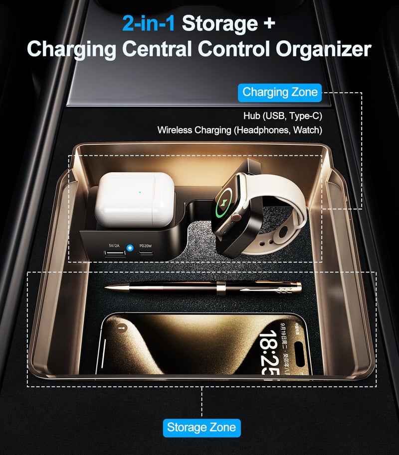 DICMKY Tesla USB Hub Charger & Center Console Organize for Model 3 Highland 2024-2025 & New Model Y Juniper, 4-Port Docking Station for Phone/Headphones/Watch/Tablet Charging Storage Accessories - Image 3
