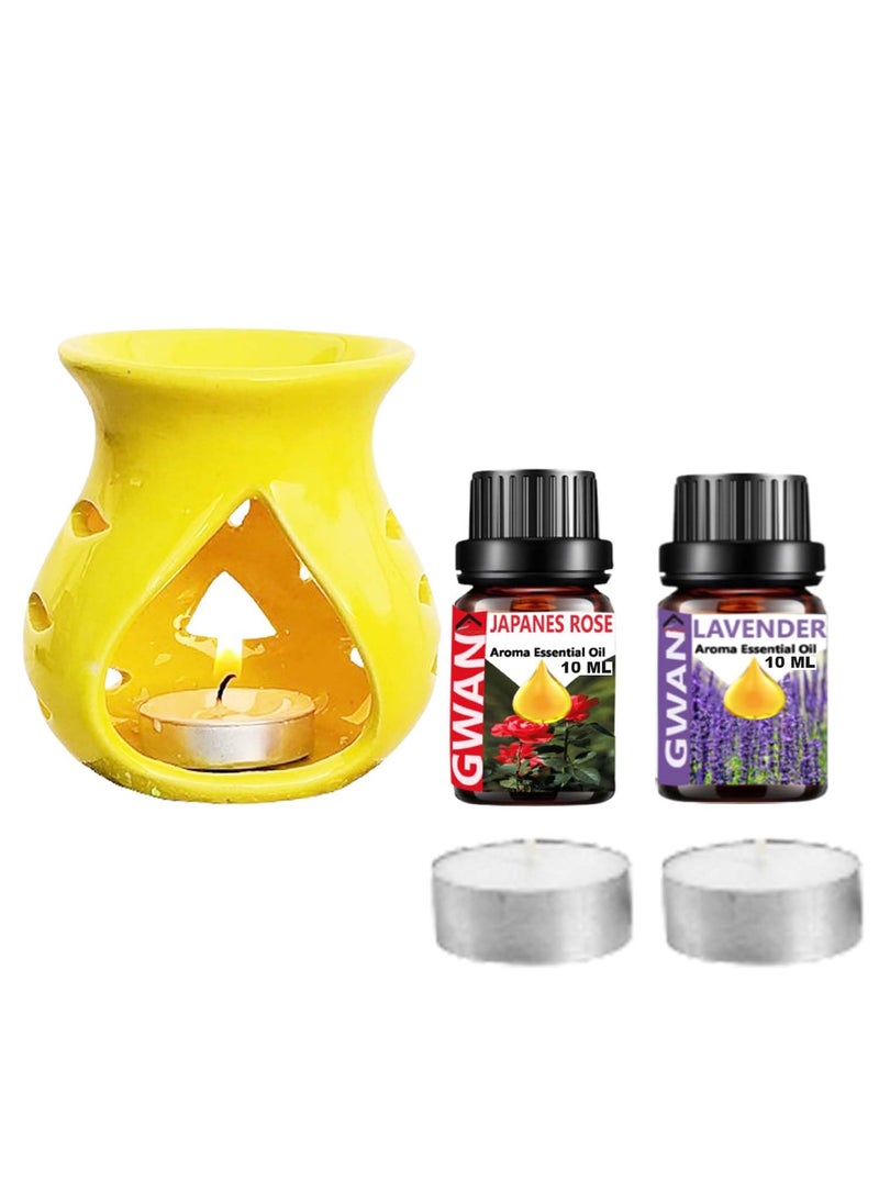 GWAN Gwan Ceramic Oil Diffuser for Home Fragrance 1Aroma Oil Burner 2 Tea Light Candles Japanese Rose Lavender Diffuser Oil 10ml EachColour Yellow 