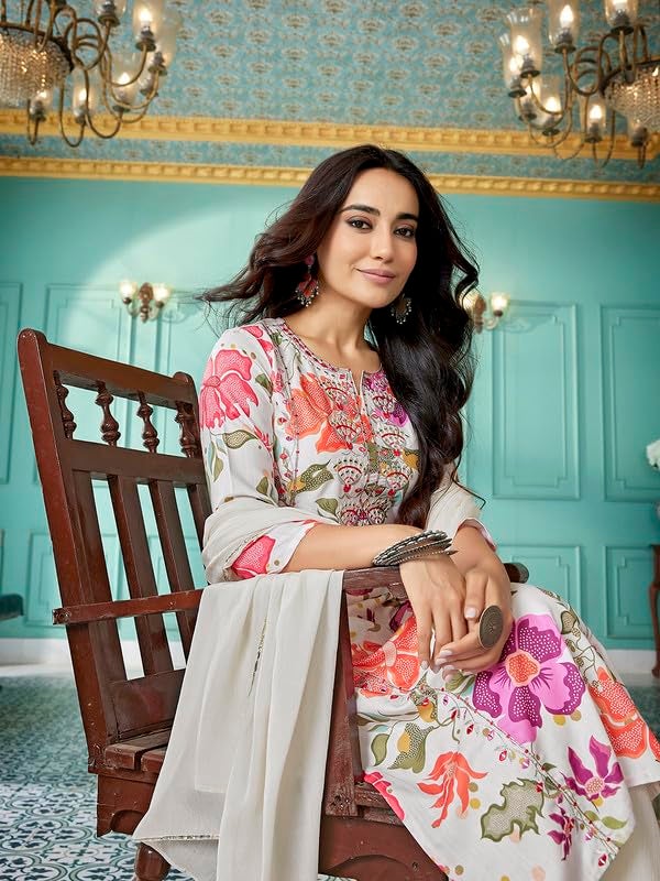 Royal Export Women's Viscose Floral Mirror Work Embroidered Kurta sharara Set with Dupatta, Kurta sharara Set for Girls-L Multicolour - Image 4