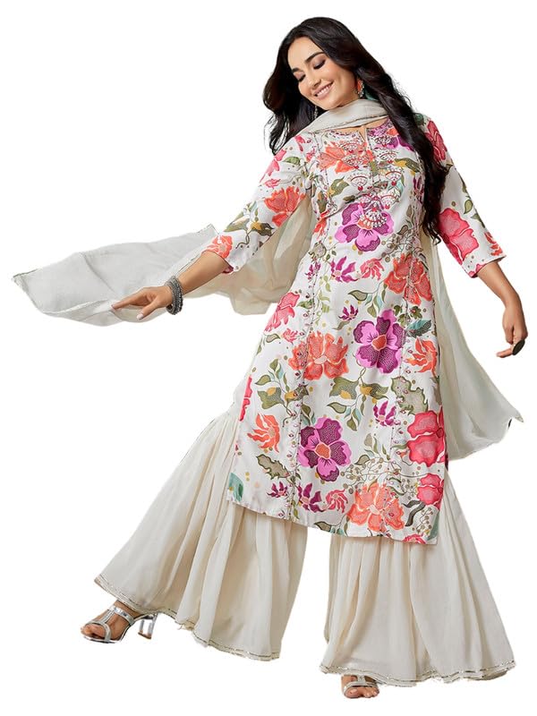 Royal Export Women's Viscose Floral Mirror Work Embroidered Kurta sharara Set with Dupatta, Kurta sharara Set for Girls-L Multicolour - Image 1
