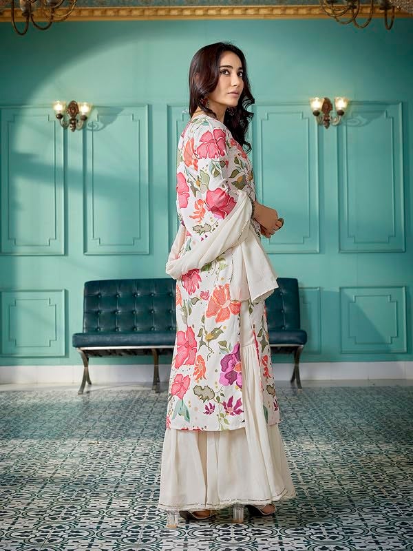 Royal Export Women's Viscose Floral Mirror Work Embroidered Kurta sharara Set with Dupatta, Kurta sharara Set for Girls-L Multicolour - Image 5