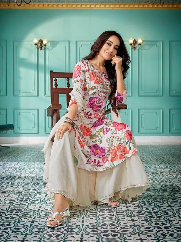 Royal Export Women's Viscose Floral Mirror Work Embroidered Kurta sharara Set with Dupatta, Kurta sharara Set for Girls-L Multicolour - Image 2