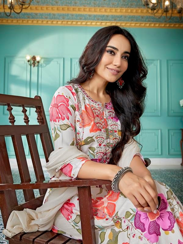 Royal Export Women's Viscose Floral Mirror Work Embroidered Kurta sharara Set with Dupatta, Kurta sharara Set for Girls-L Multicolour - Image 3