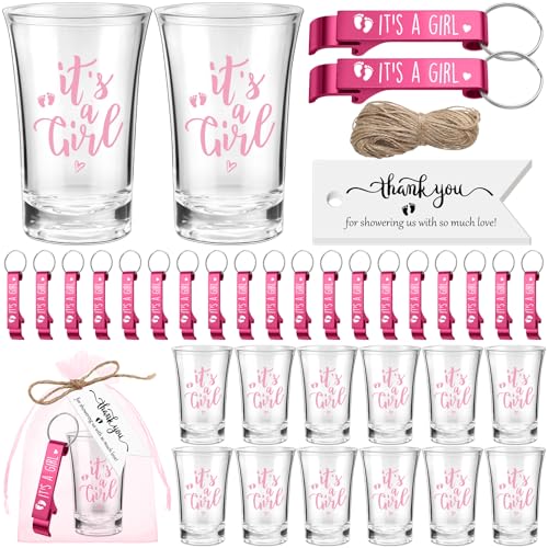 Singhoow 50 Sets Baby Shower Favor for Guests Acrylic Shot Glasses with Bottle Opener Keychains Thank You Tags and Bags Gender Reveal Party Favors for Guest Baby Shower Return GiftGirl - Image 1