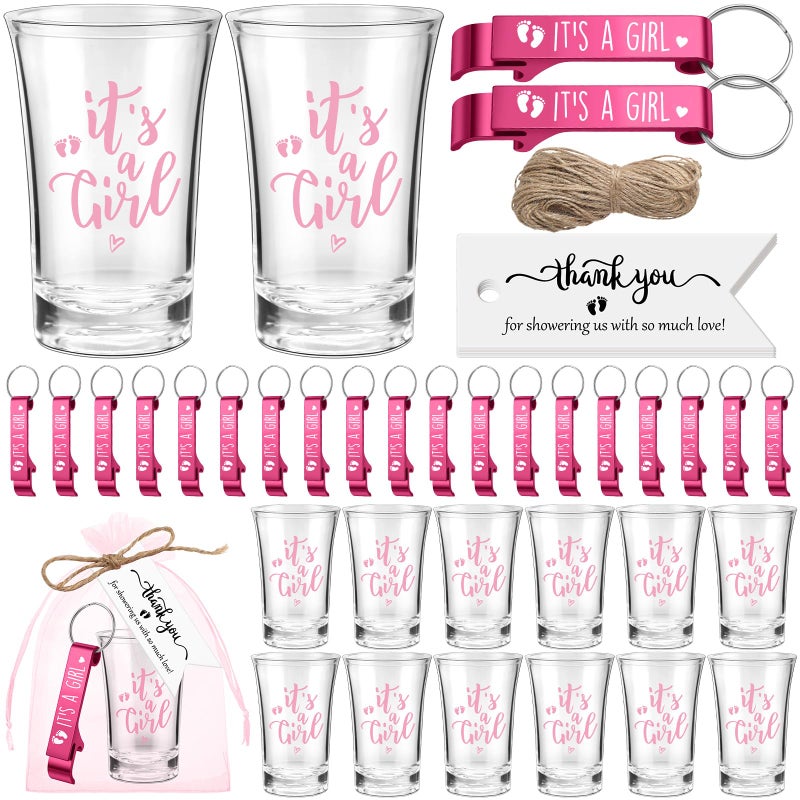 Singhoow 50 Sets Baby Shower Favor for Guests Acrylic Shot Glasses with Bottle Opener Keychains Thank You Tags and Bags Gender Reveal Party Favors for Guest Baby Shower Return GiftGirl - Image 2