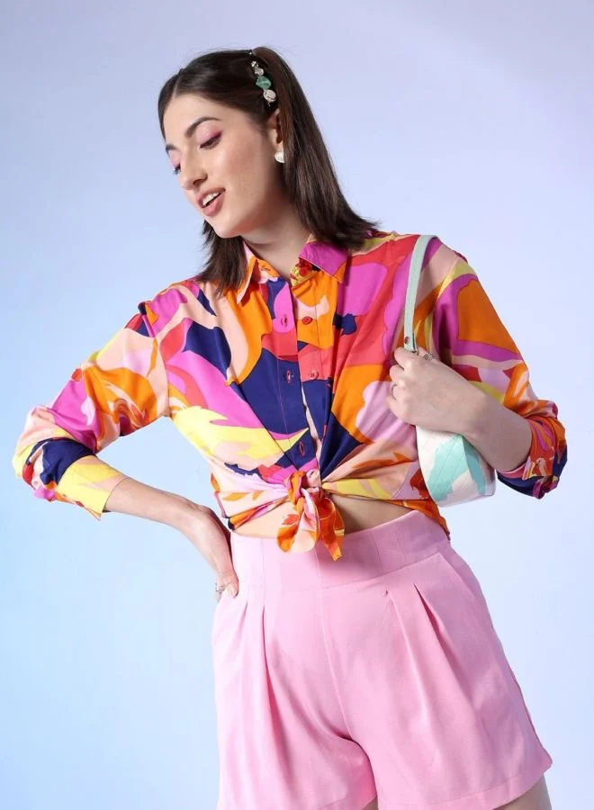 مرفوعة Women Relaxed Fit Floral Printed Shirt Collar Long Sleeve Loose Shirt