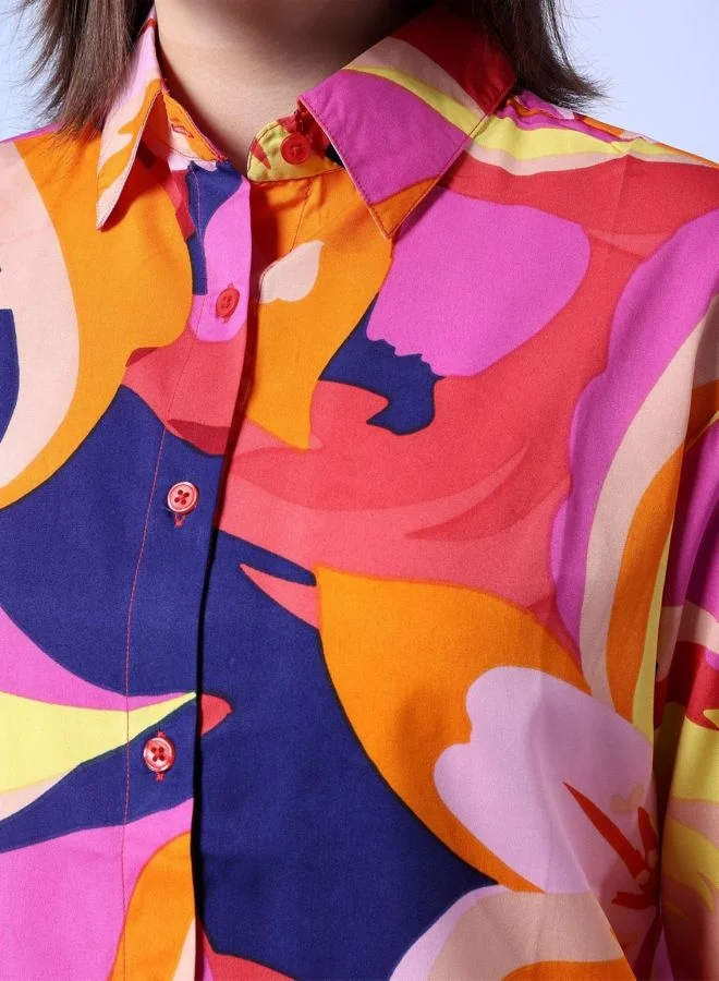 مرفوعة Women Relaxed Fit Floral Printed Shirt Collar Long Sleeve Loose Shirt