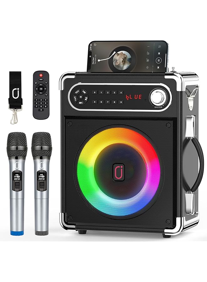 إيروريكس آلة كاريوكي مع ميكروفونين لاسلكيين ومكبر صوت بلوتوث محمول مع جهاز تحكم عن بعد لضبط مستوى الجهير والارتفاعات وأضواء LED تدعم بطاقة Tf وUSB وAux In وFm Rec للحفلات - Image 1