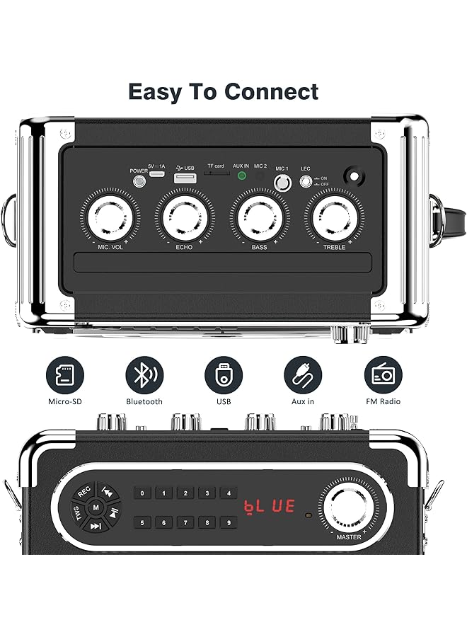 إيروريكس آلة كاريوكي مع ميكروفونين لاسلكيين ومكبر صوت بلوتوث محمول مع جهاز تحكم عن بعد لضبط مستوى الجهير والارتفاعات وأضواء LED تدعم بطاقة Tf وUSB وAux In وFm Rec للحفلات - Image 3