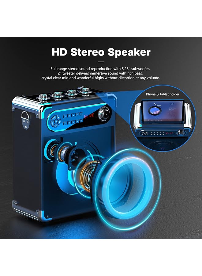 إيروريكس آلة كاريوكي مع ميكروفونين لاسلكيين ومكبر صوت بلوتوث محمول مع جهاز تحكم عن بعد لضبط مستوى الجهير والارتفاعات وأضواء LED تدعم بطاقة Tf وUSB وAux In وFm Rec للحفلات - Image 5