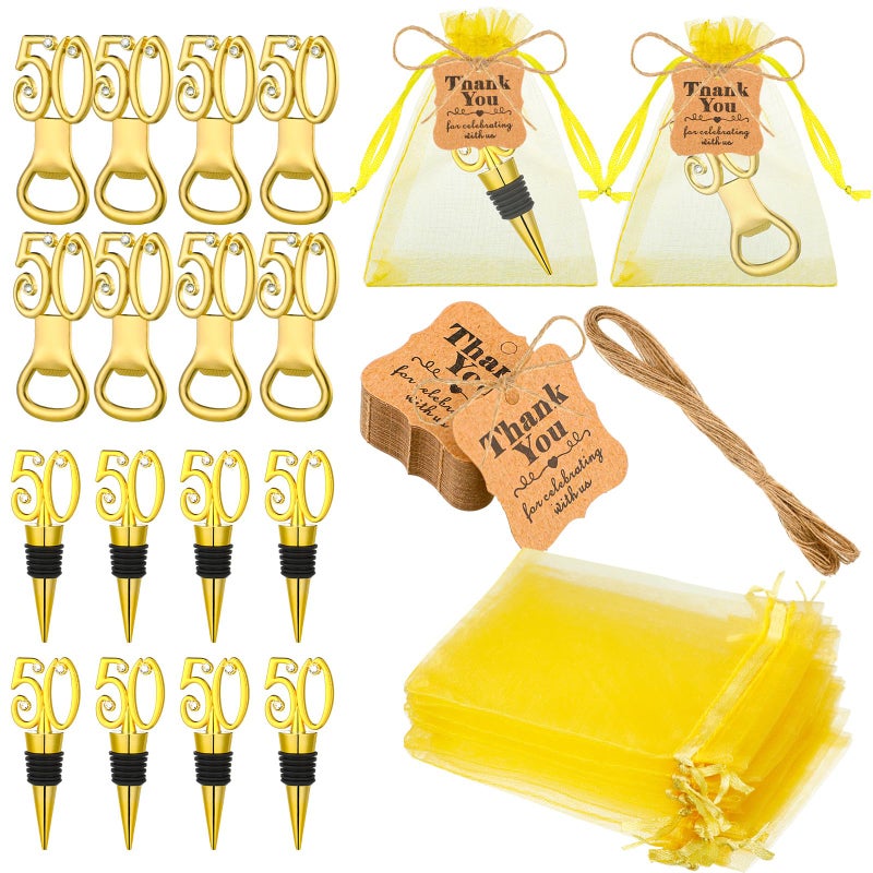 Tioncy 24 Pack 50th Birthday Party Favors for Guests 50th Birthday Wine Stopper Bottle Openers With Tags and Mesh Bags for Wedding Anniversaries Souvenirs Favors Gifts Decorations