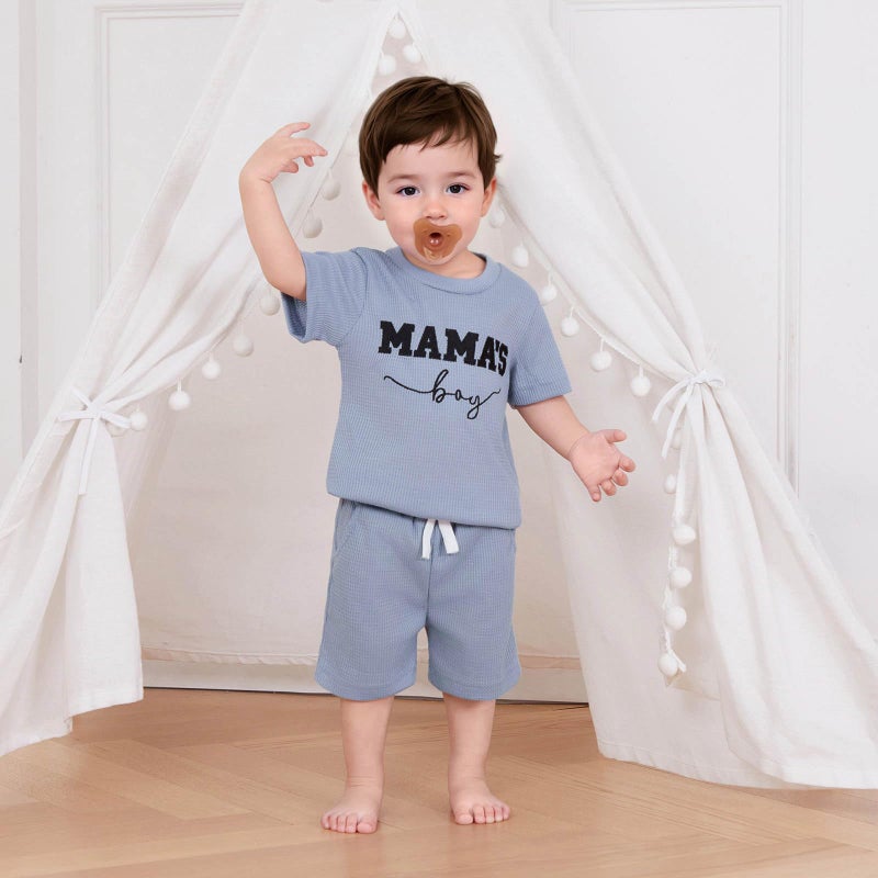 FOCUSNORM Toddler Baby Boy Summer Clothes Embroidered Waffle Short Sleeve T-Shirts Elastic Shorts Newborn Infant Boy Outfits (Mamas Boy Blue, 0-6 Months) - Image 2