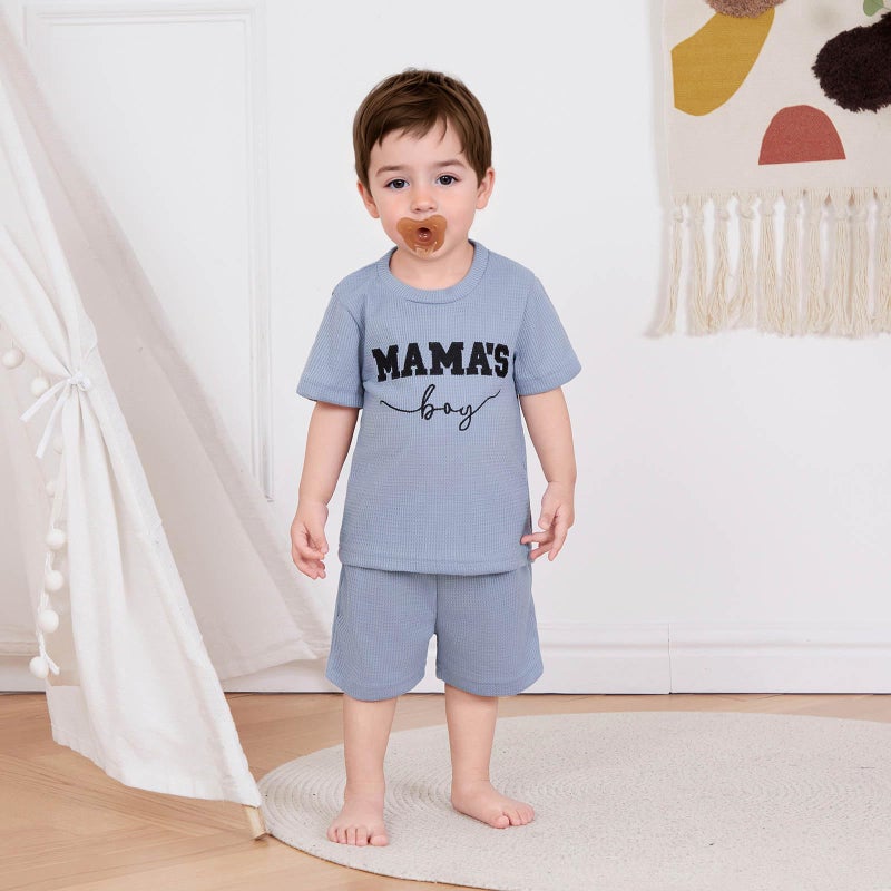 FOCUSNORM Toddler Baby Boy Summer Clothes Embroidered Waffle Short Sleeve T-Shirts Elastic Shorts Newborn Infant Boy Outfits (Mamas Boy Blue, 0-6 Months) - Image 3