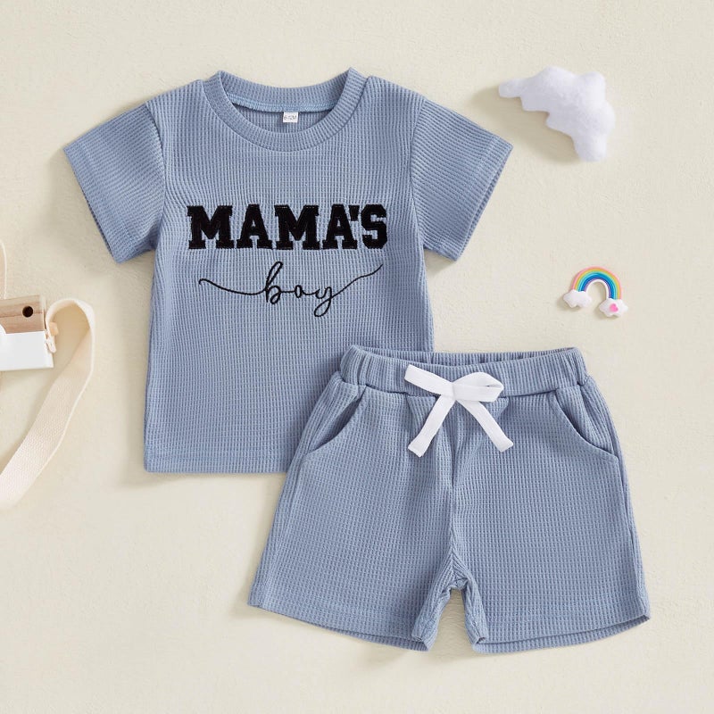 FOCUSNORM Toddler Baby Boy Summer Clothes Embroidered Waffle Short Sleeve T-Shirts Elastic Shorts Newborn Infant Boy Outfits (Mamas Boy Blue, 0-6 Months) - Image 5