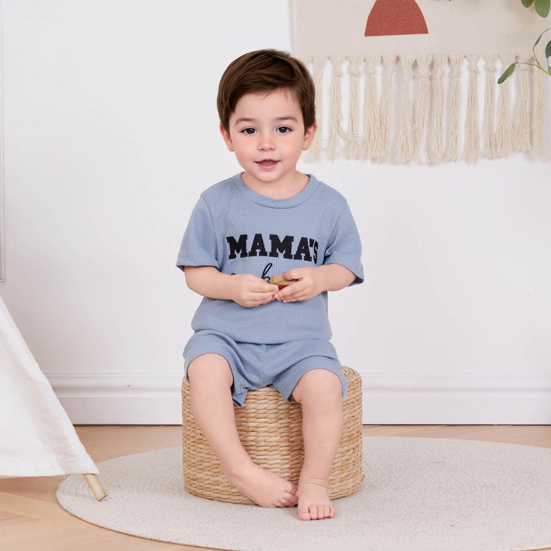 FOCUSNORM Toddler Baby Boy Summer Clothes Embroidered Waffle Short Sleeve T-Shirts Elastic Shorts Newborn Infant Boy Outfits (Mamas Boy Blue, 0-6 Months) - Image 4