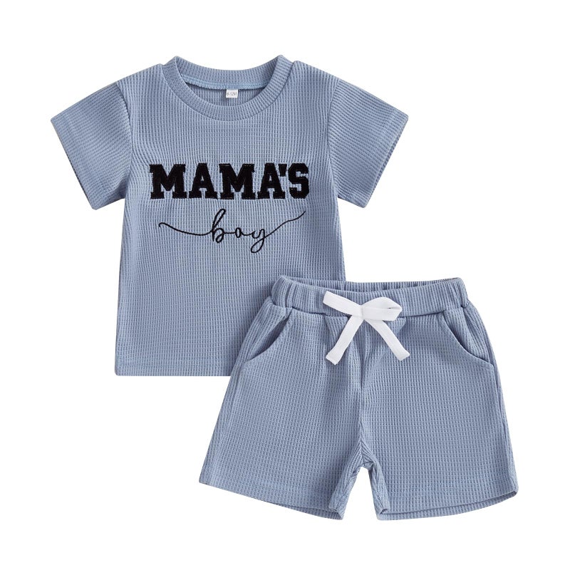 FOCUSNORM Toddler Baby Boy Summer Clothes Embroidered Waffle Short Sleeve T-Shirts Elastic Shorts Newborn Infant Boy Outfits (Mamas Boy Blue, 0-6 Months) - Image 1
