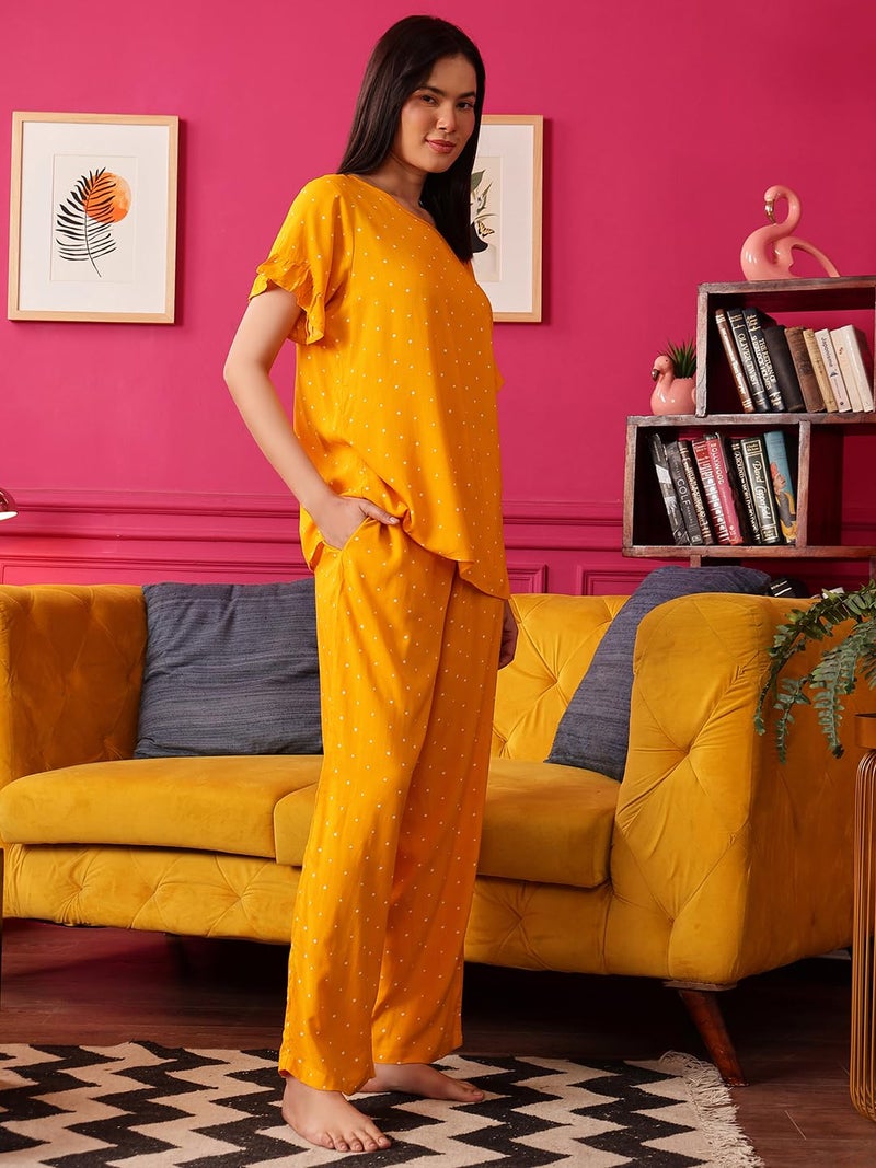 Clovia Rayon Women's Top & Pajama Pajama Set Regular Pajamas (Ls0534P073Xl_Yellow_3XL), XXX-Large - Image 2