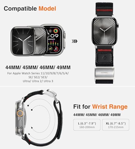 ULTIMAL Stainless Steel Magnetic Clasp Band Compatible with Apple Watch Ultra 321 49mm Series 1110987654 SE 464544mm Rugged Tactical Nylon Strap with Genuine Leather for Men L Black - Image 3