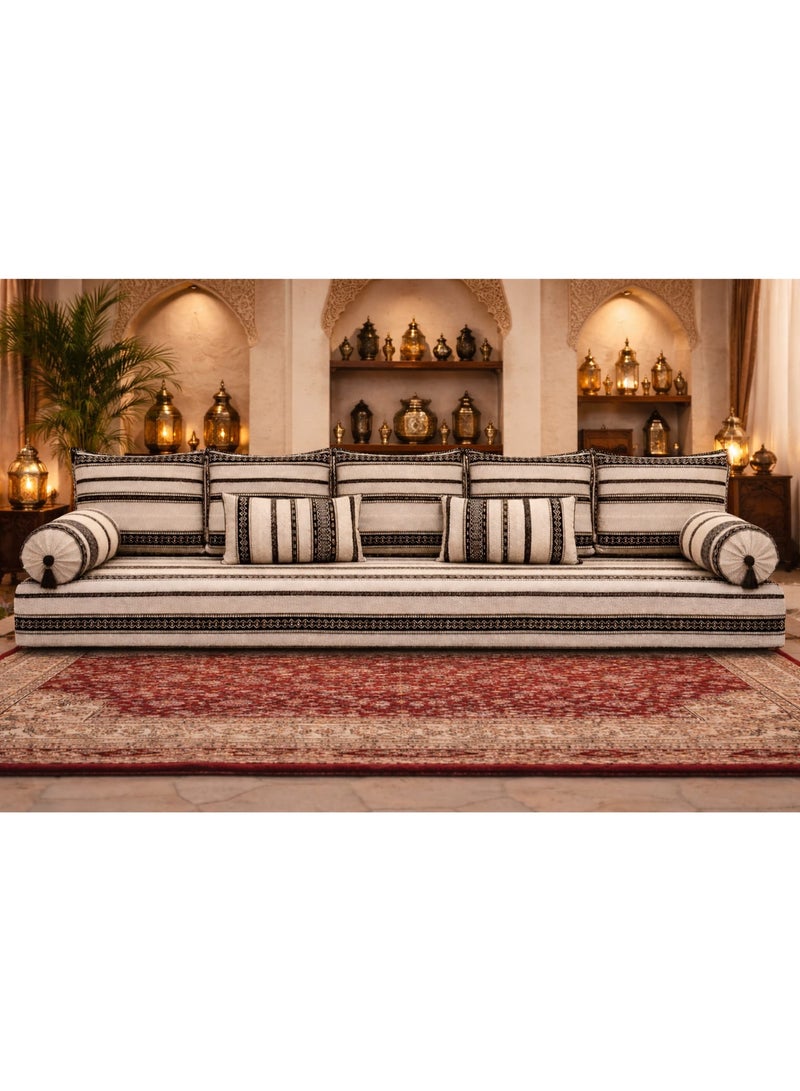 Xboat Arabic Majlis Floor Seating Set, Beige and Black Striped Pattern, Traditional Style with Cushions and Bolsters - Image 1