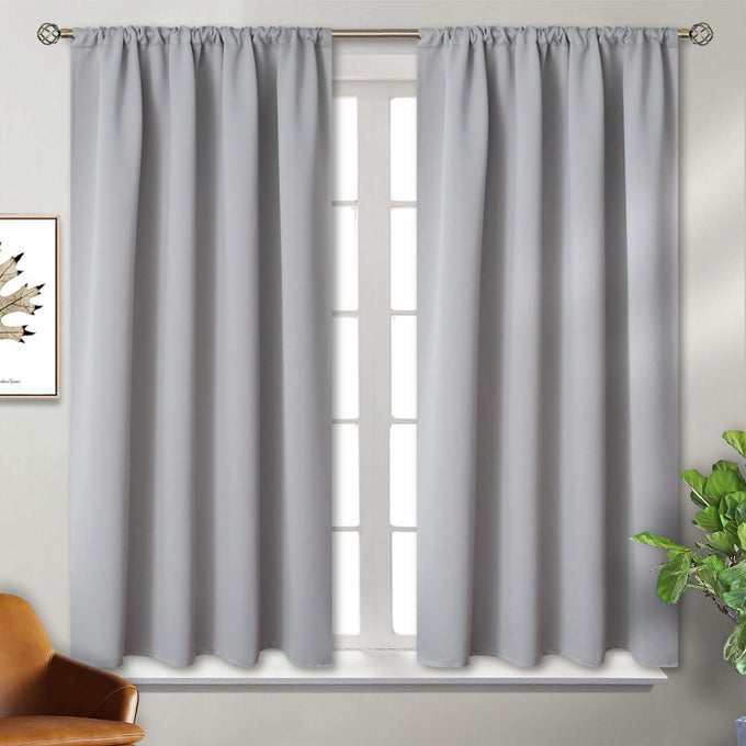 ROD POCKET SHORT BLACKOUT CURTAINS FOR BEDROOM THERMAL INSULATED ROOM DARKENING CURTAIN FOR LIVING ROOM 52 X 45 INCH 2 PANELS LIGHT GREY