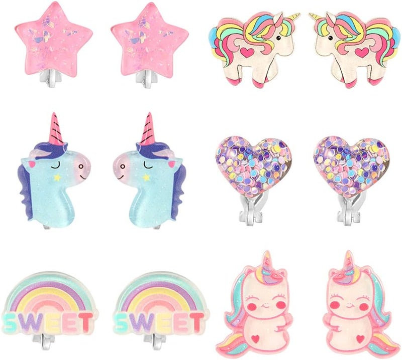 PinkSheep Clip On Earrings for Little Girls, Bling Rainbow Earrings for Kids Party Favor - Image 1