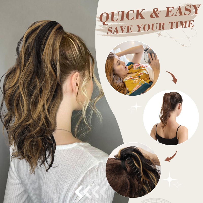 BARSDAR Claw Clip in Ponytail Extensions - 14 Inch Short Wavy Highlight Ponytail Hair Extensions for Women - Synthetic Claw Clip in Pony Tails Hairpieces - Medium Brown with Highlights - Image 3