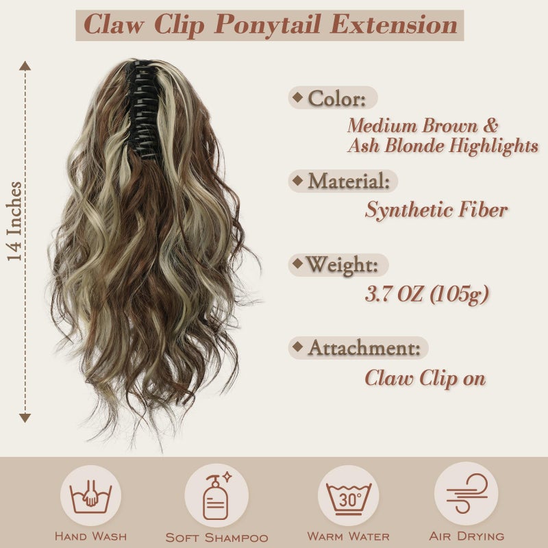 BARSDAR Claw Clip in Ponytail Extensions - 14 Inch Short Wavy Highlight Ponytail Hair Extensions for Women - Synthetic Claw Clip in Pony Tails Hairpieces - Medium Brown with Highlights - Image 2