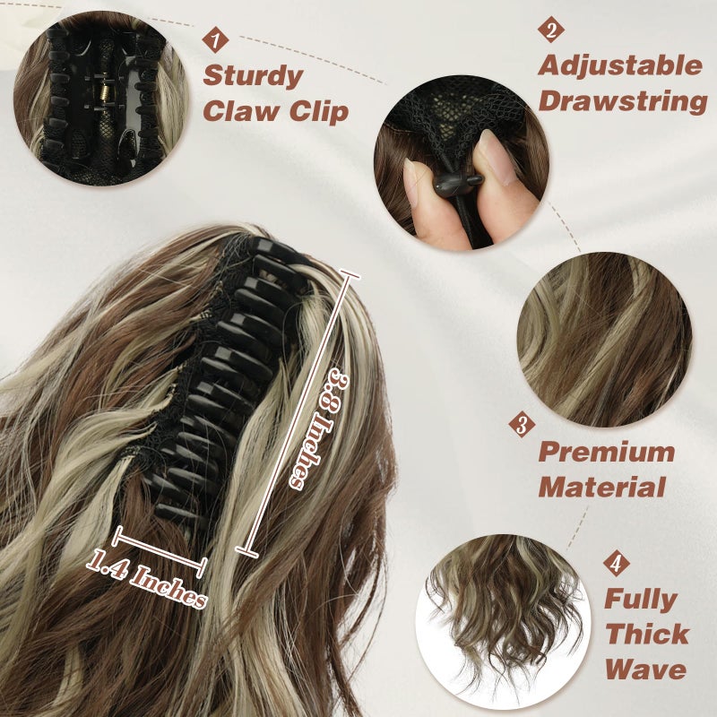 BARSDAR Claw Clip in Ponytail Extensions - 14 Inch Short Wavy Highlight Ponytail Hair Extensions for Women - Synthetic Claw Clip in Pony Tails Hairpieces - Medium Brown with Highlights - Image 4
