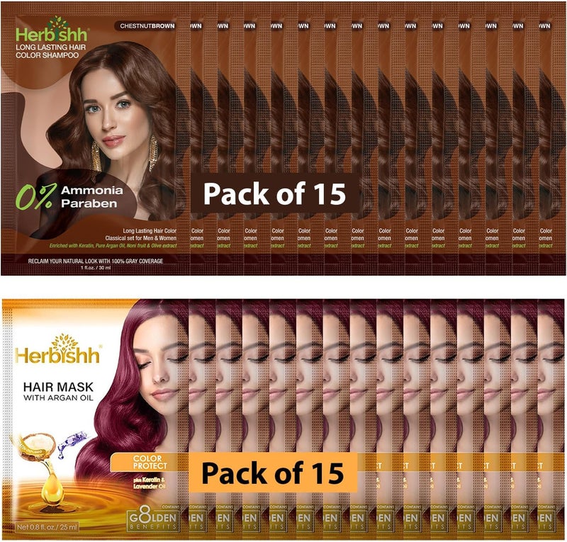 Herbishh Chestnut Brown Color Shampoo for Gray Hair - Pack of 15 (30ml each) - Image 1