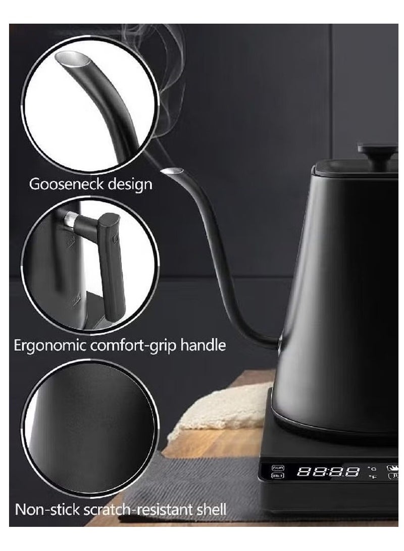 كادراما غلاية كهربائية بزاوية 1000 مل، غلاية لصب القهوة والشاي، تسخين سريع 1200 واط، تحكم في درجة الحرارة مع شاشة رقمية، من الفولاذ المقاوم للصدأ 304، وظيفة الحفاظ على الدفء، باللون الأسود غير اللامع. - Image 4