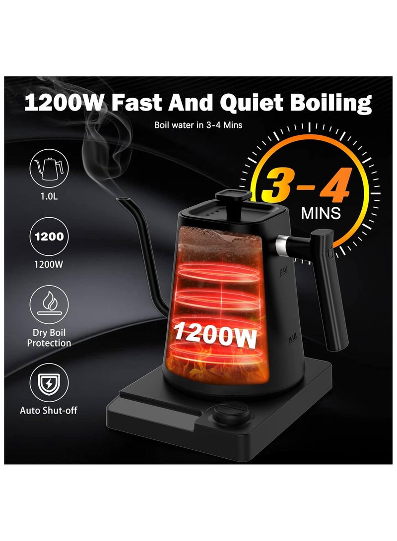كادراما غلاية كهربائية بزاوية 1000 مل، غلاية لصب القهوة والشاي، تسخين سريع 1200 واط، تحكم في درجة الحرارة مع شاشة رقمية، من الفولاذ المقاوم للصدأ 304، وظيفة الحفاظ على الدفء، باللون الأسود غير اللامع. - Image 2