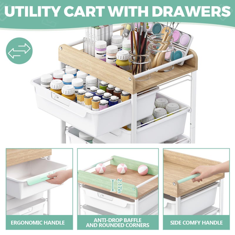 SYKIARIOL Rolling Craft Storage Cart with 4 Drawers,Utility Cart with Drawers,Art Craft Organizers and Storage,Kids Craft Cart,Kids Art Cart With DIY Lable and Wooden Tabletop Area,White - Image 3