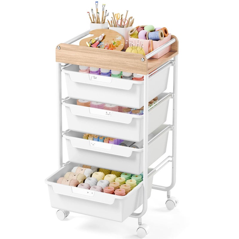 SYKIARIOL Rolling Craft Storage Cart with 4 Drawers,Utility Cart with Drawers,Art Craft Organizers and Storage,Kids Craft Cart,Kids Art Cart With DIY Lable and Wooden Tabletop Area,White - Image 1