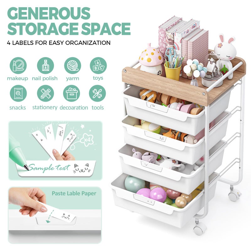 SYKIARIOL Rolling Craft Storage Cart with 4 Drawers,Utility Cart with Drawers,Art Craft Organizers and Storage,Kids Craft Cart,Kids Art Cart With DIY Lable and Wooden Tabletop Area,White - Image 2