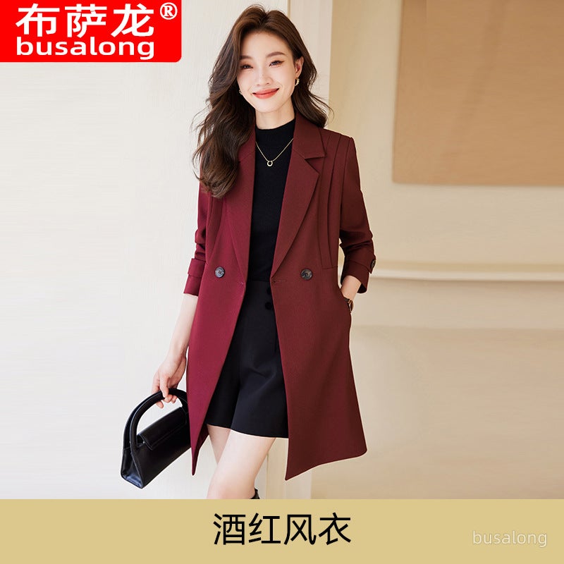 2023 New Womens Overcoat Korean-Style Professional Medium-Length Jacket Windbreaker Working Uniform Trench Coat 9966 Wine red coat