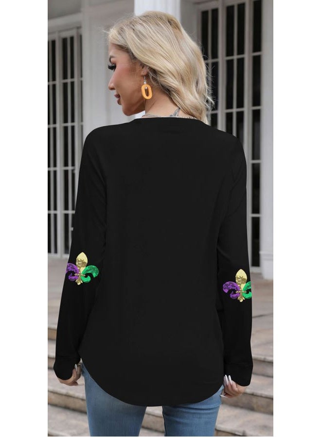 MAXIMGR Mardi Gras Sweatshirt Women Sequin Fat Tuesday Sweater Masks Graphic Shirt Carnival Crewneck Long Sleeve Tops, Black 2, XXL - Image 5