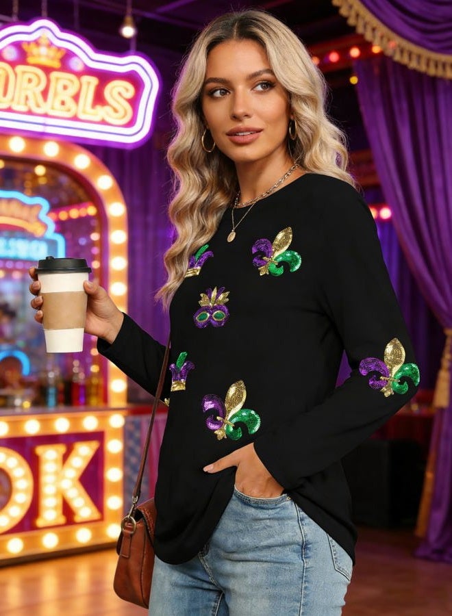 MAXIMGR Mardi Gras Sweatshirt Women Sequin Fat Tuesday Sweater Masks Graphic Shirt Carnival Crewneck Long Sleeve Tops, Black 2, XXL - Image 4