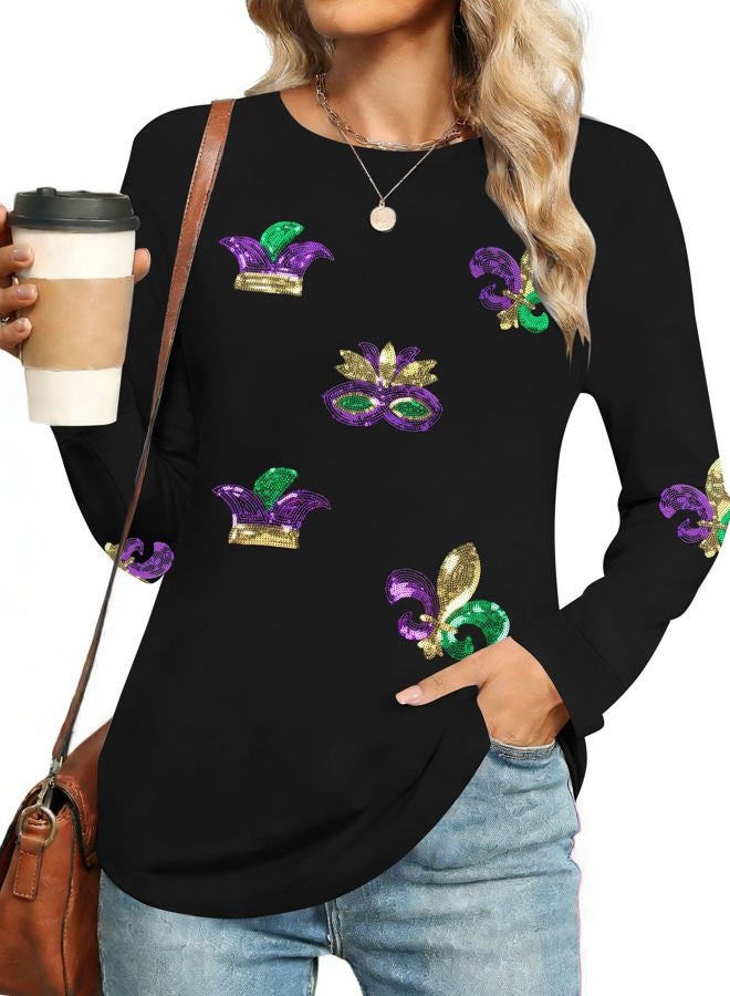 MAXIMGR Mardi Gras Sweatshirt Women Sequin Fat Tuesday Sweater Masks Graphic Shirt Carnival Crewneck Long Sleeve Tops, Black 2, XXL - Image 1