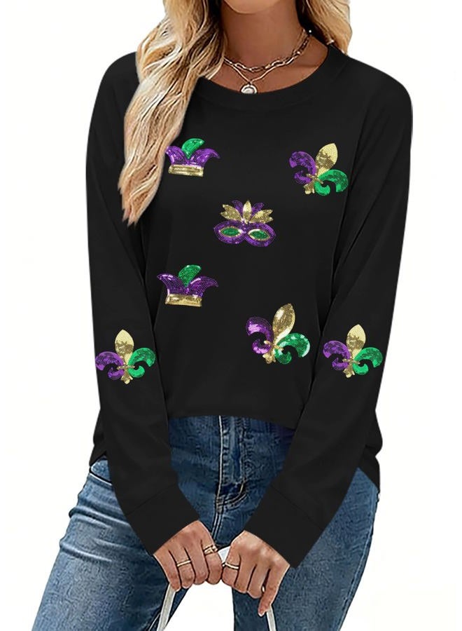 MAXIMGR Mardi Gras Sweatshirt Women Sequin Fat Tuesday Sweater Masks Graphic Shirt Carnival Crewneck Long Sleeve Tops, Black 2, XXL - Image 2