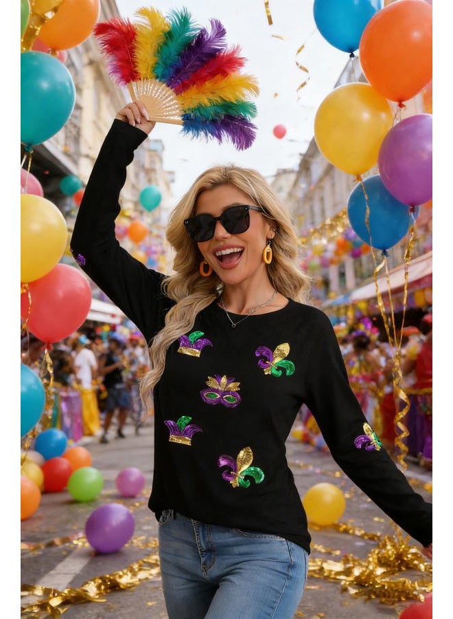 MAXIMGR Mardi Gras Sweatshirt Women Sequin Fat Tuesday Sweater Masks Graphic Shirt Carnival Crewneck Long Sleeve Tops, Black 2, XXL - Image 3
