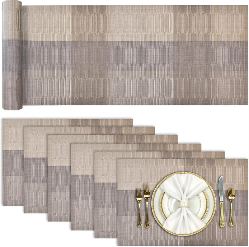 Aofmee Table Runner and Placemats Set of 6 Washable, Heat Resistant Place Mats with Table Runner, Woven Vinyl Table Placemats, Stain Resistant Kitchen Table Mats Sets, Easy to Clean, Gold, Set of 7 - Image 1