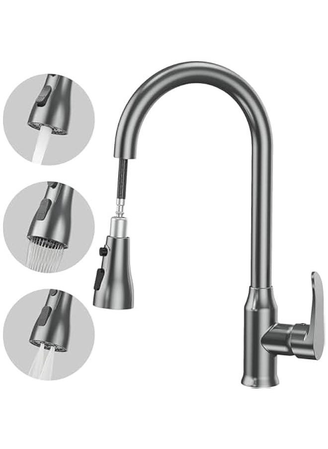 HOOKOR Kitchen Faucet, Single-Handle High Arc Swan-Neck Modern Stainless Steel Kitchen Faucet with Pull Down Sprayer Brushed Nickel, 3-Function Sprayer, Fingerprint Resistant, Deck Plate Not Included  - Image 1